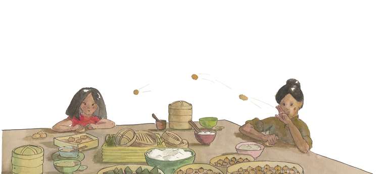 illustration of girl and mother makind dumplings