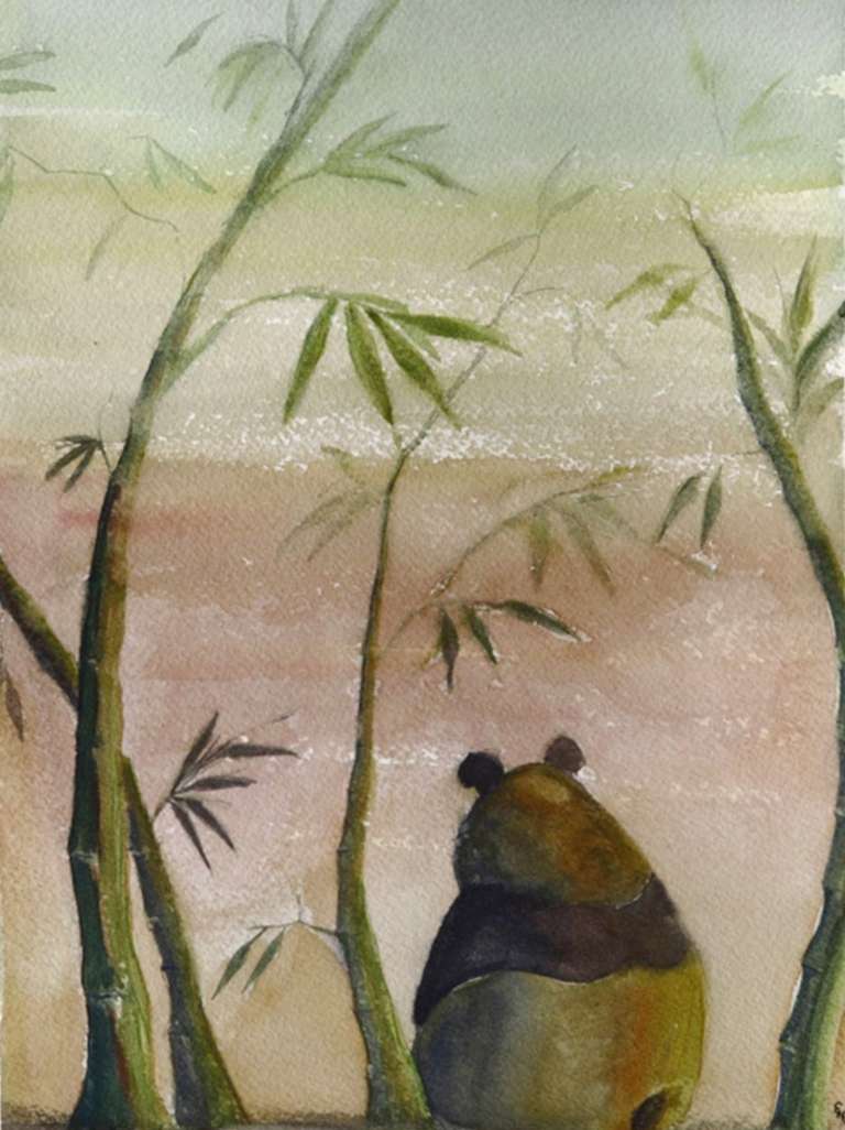 A Panda sittind underneath bamboo facing away to a soft sunset.