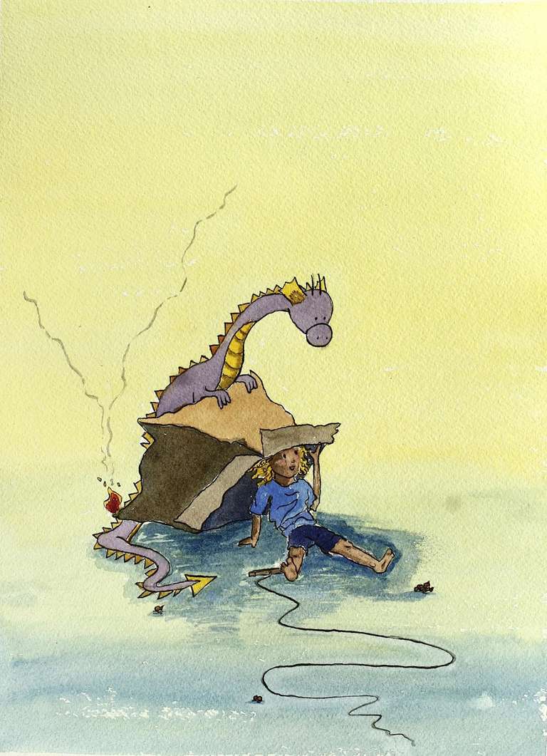 A watercolor illustration of a little girl and a dragon playing with a cardboard box.