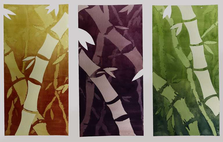 Three paintings of bamboo in orange, purple, and green.