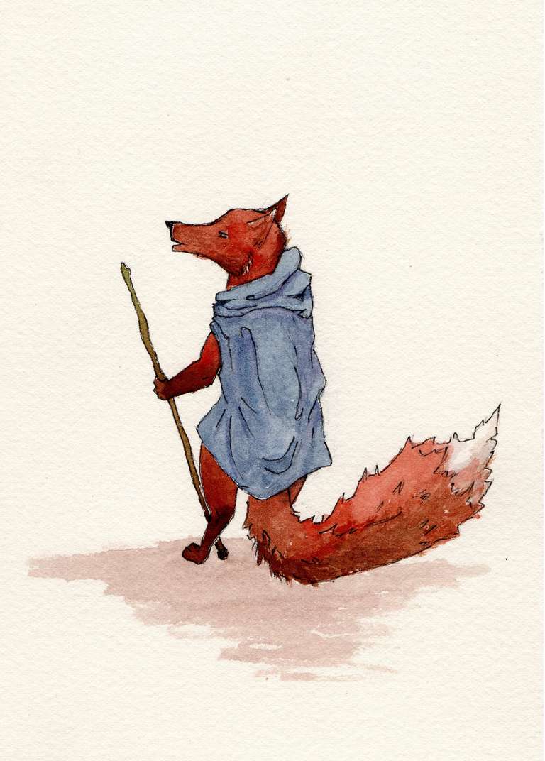 illustration of a fox in a cloak with a walking stick