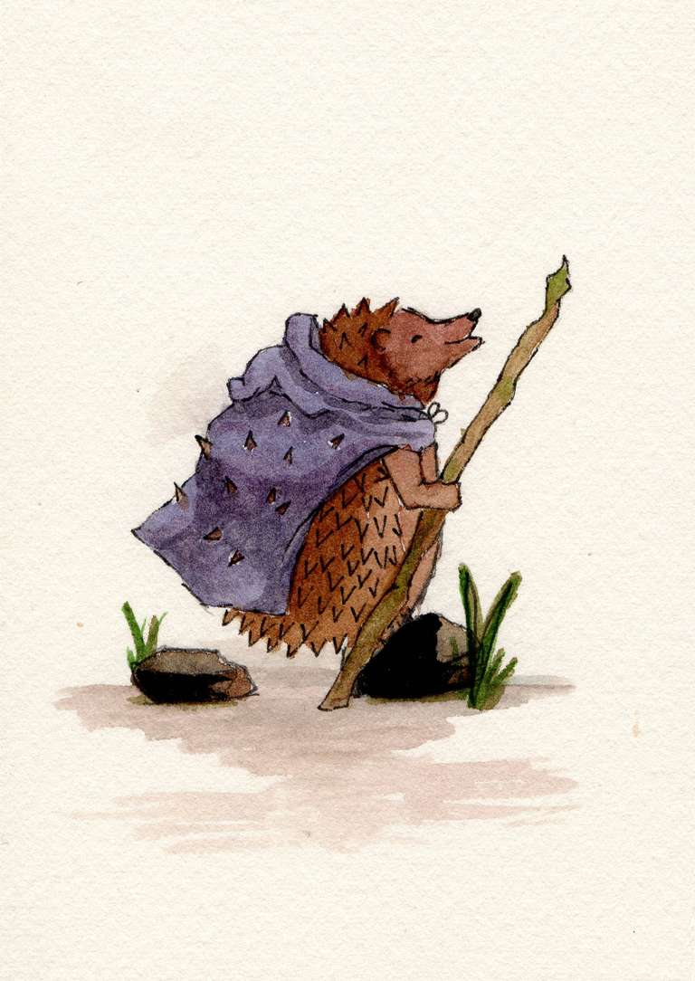 illustration of a hedgehog with a cloak and walking stick