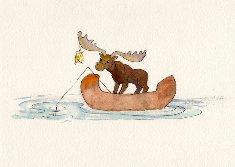 illustration of a moose fishing in a canoe