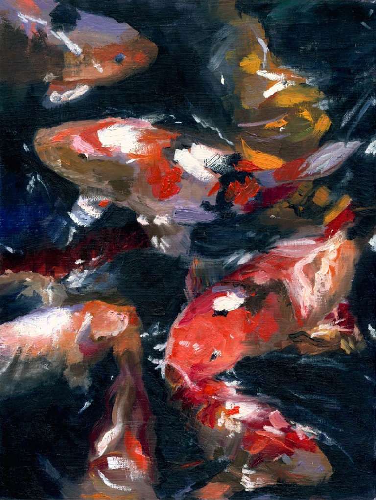 An oil painting of koi fish.