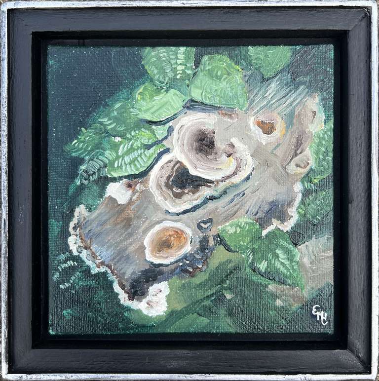 painting of a log with mushrooms on it