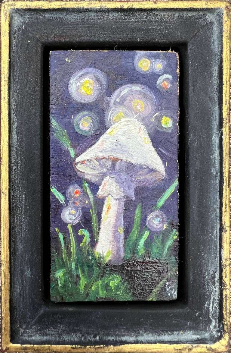 painting of a mushroom with fireflies