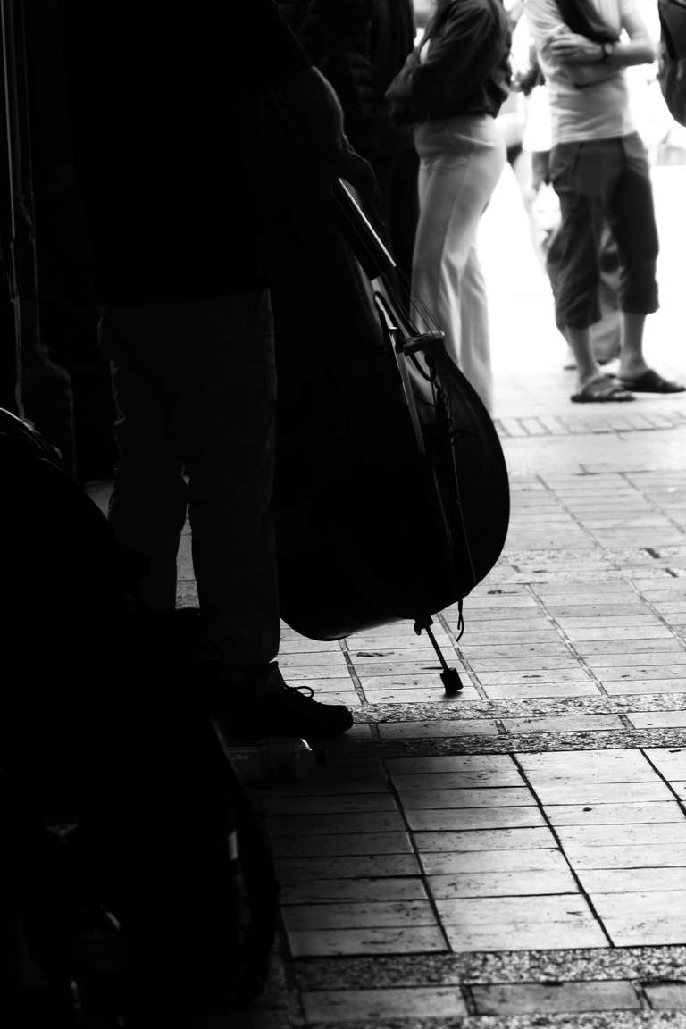 black and white photograph of an upright bass